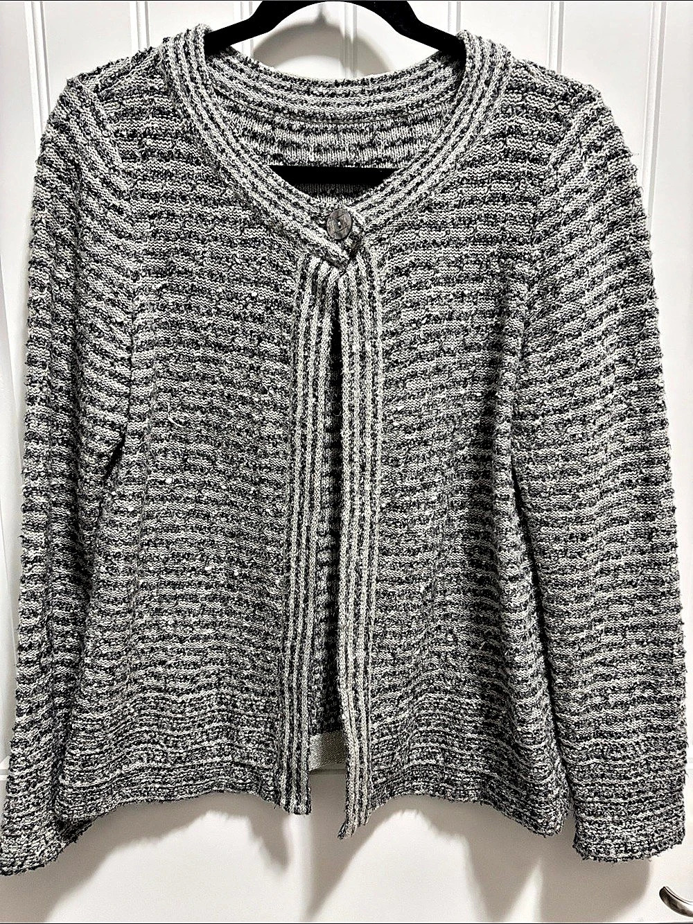 Gray Marled Textured Knit Cardigan Cotton Blend Single Button